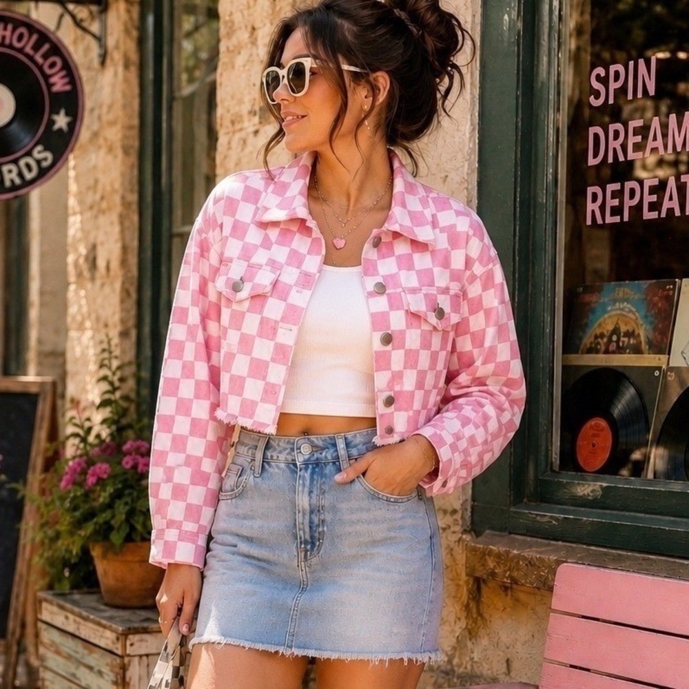 American Bazi Womens Small Pink Checkerboard Cropped Cotton Jacket Raw Hem